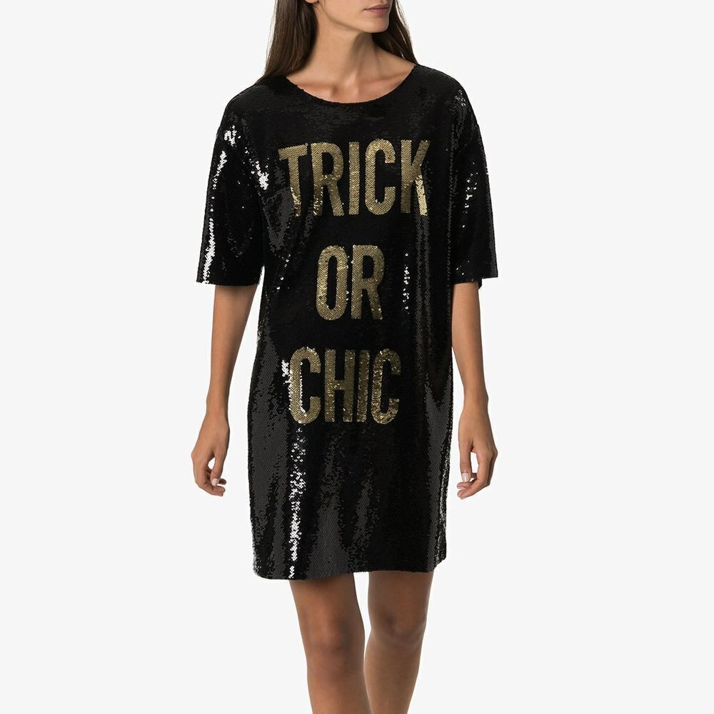 NWT Moschino TRICK OR CHIC black & gold sequin mini holiday dress - Picture 4 of 11